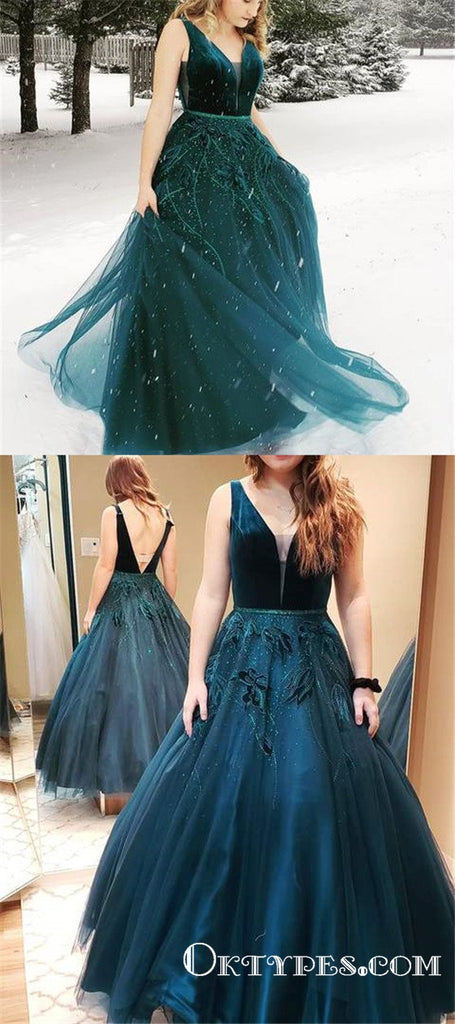 Charming Princess V Neck Dark Green Long Prom Dresses With Applique, TYP1720