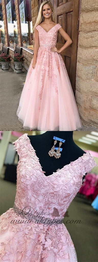 Pink A-Line V-neck Formal Tulle Long Prom Dresses With Applique, TYP1451