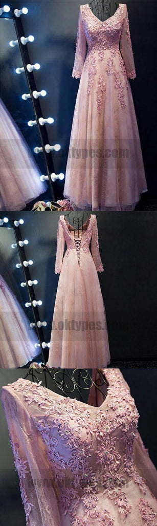 Cheap Long Sleeve Pink Prom  Dresses Dazzling Long A-line Princess Applique Lace Up Dresses, TYP0722