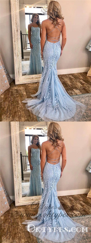 Spaghetti Strap Sky Blue Mermaid Prom Dresses Backless Pageant Formal Dresses, TYP1226