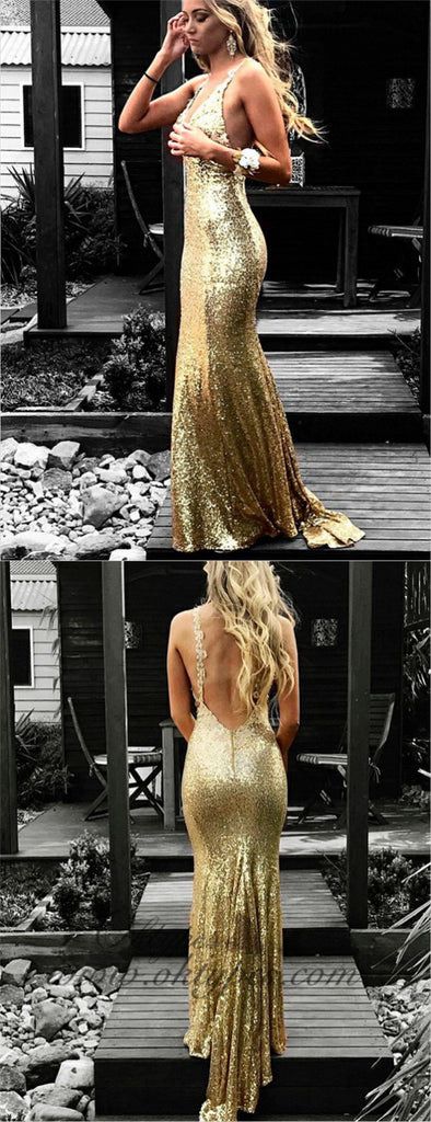 Mermaid V-Neck Backless Gold Sequined Prom Dresses with Appliques, TYP1288