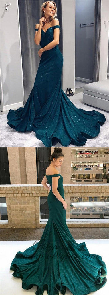 Mermaid Off-the-Shoulder Green Satin Prom Dresses with Beading, TYP1333