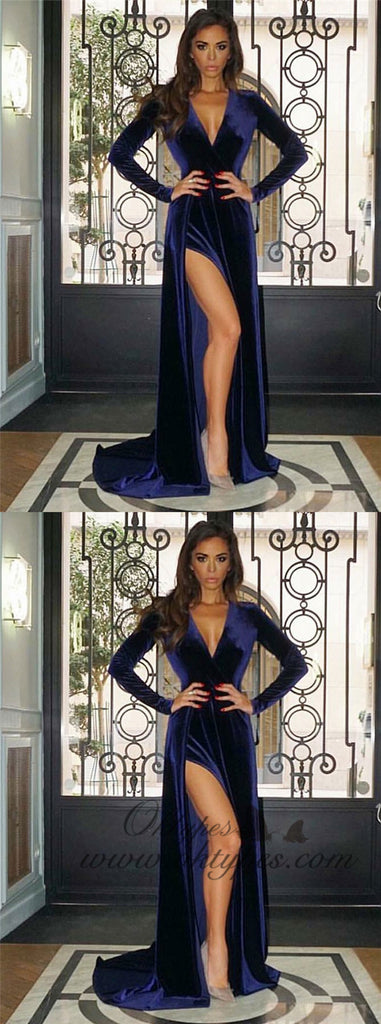 A-Line V-Neck Long Navy Blue Velvet Prom Evening Dresses, TYP1580