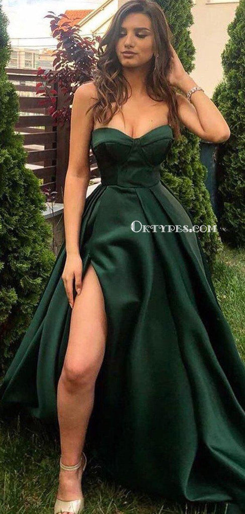 Simple Style Sweetheart Low Cut High Split A Line Sweep Train Dark Green Satin Prom Dresses, PDS0062