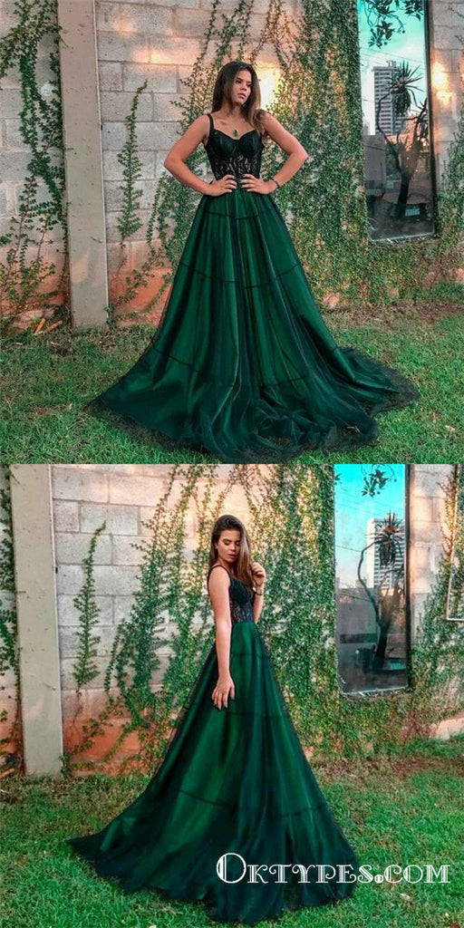 A-Line Spaghetti Straps Dark Green Long Prom Dresses with Lace, TYP1655