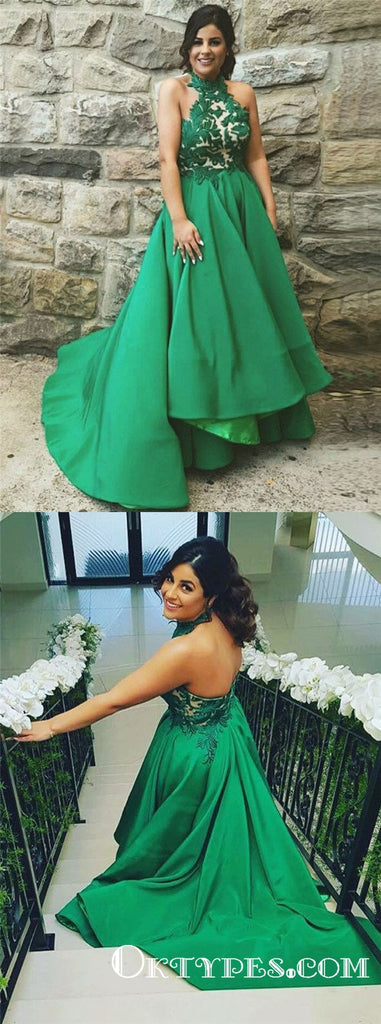 Charming Ball Gown Halter Backless Green Satin and Lace Long Prom Dresses, TYP1737