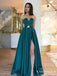 New Arrival Charming Satin Long Belt Strapless High Slit Green A Line Cheap Formal Evening Prom Dresses, PDS0048