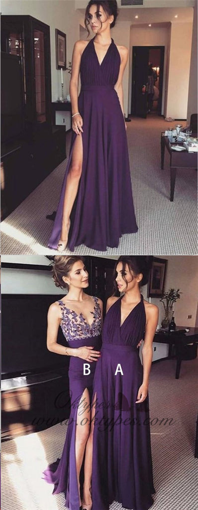 A-Line V-Neck Sleeveless Grape Chiffon Prom Dresses with Split, TYP1331