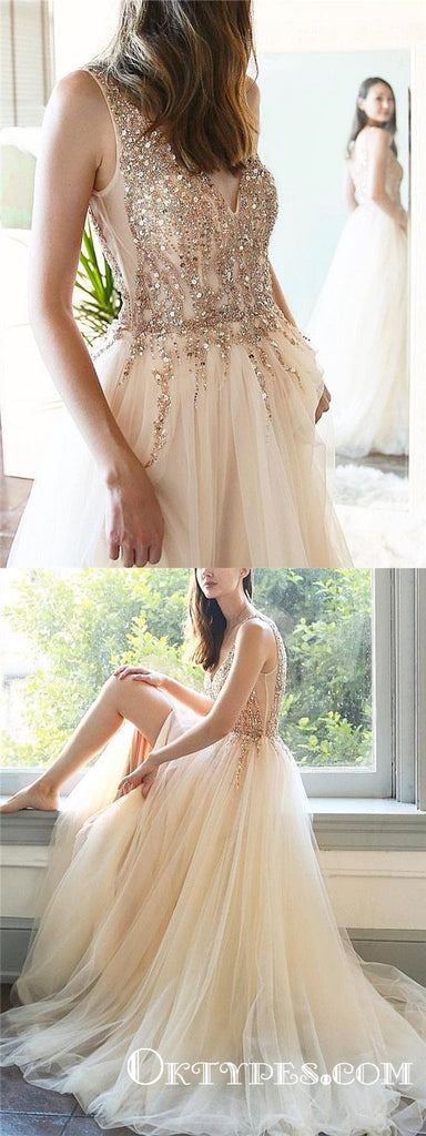 Light Champagne V-neck Long Cheap Tulle Prom Dresses With Beaded, TYP1633