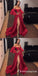 A-Line Off the Shoulder Split Red Long Prom Dresses with Belt Sleeves, TYP1646