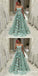 Spaghetti Straps A-Line Long Cheap Mint Prom Dresses with Flowers, TYP1829