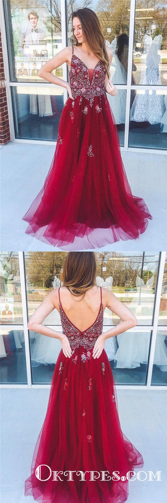 Spaghetti Straps Beading Tulle Burgundy Long Cheap Prom Dresses, TYP1896