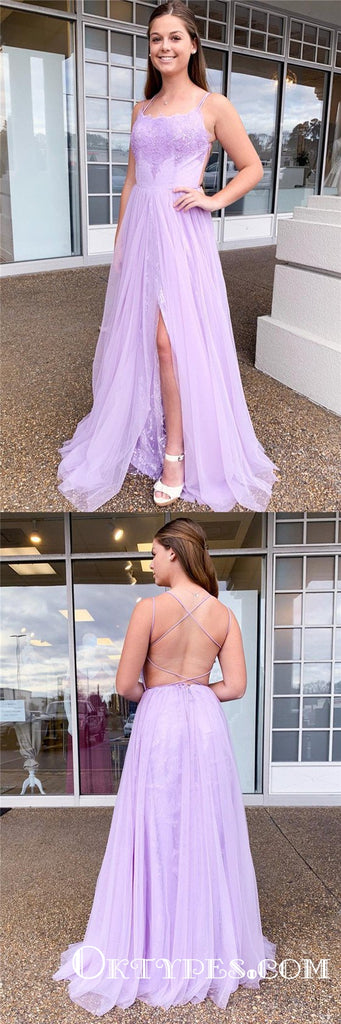 Charming Spaghetti Straps Tulle Long Lilac Long Cheap Prom Dresses, TYP1897