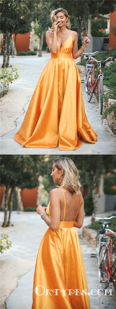 Orange Spaghetti-Straps Elegant V-Neck Backless Sleeveless Prom Dresses, TYP1926