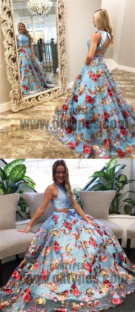 Two Piece Prom Dresses, Round Neck Sweep Train Blue Floral Organza Prom Dresses, TYP0698