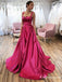 Newest Charming A-Line Double Straps Pink Satin Split Long Evening Prom Dresses with Pockets, PDS0039