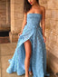 Sexy A line See Through Strapless Slit Backless Blue Prom Dresses with Appliques, PDS0052