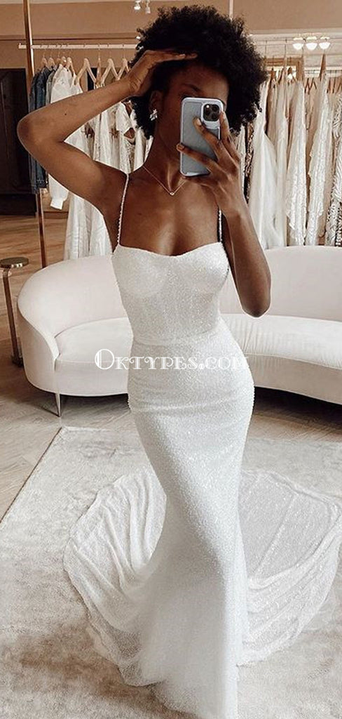 Simple Spaghetti Strap Ivory Sequin Mermaid Long Cheap Prom Dresses, PDS0117