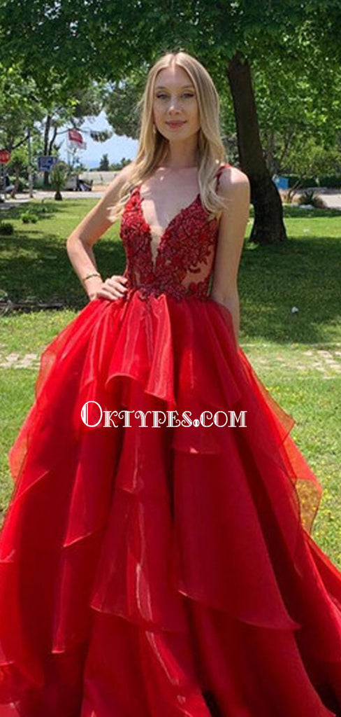 Elegant Red V-neck Tulle Lace A-line Cheap Long Prom Dresses, PDS0145