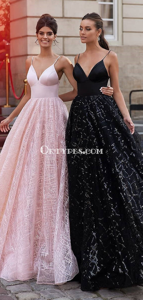 New Arrival Spaghetti Strap Pink&Black Lace A-line Long Cheap Prom Dresses, PDS0119