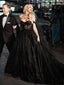 Elegant Off-The-Shoulder Black Lace A-line Long Cheap Prom Dresses, PDS0120