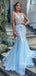 Elegant V-neck Blue Applique Tulle Long Cheap Prom Dresses, PDS0121