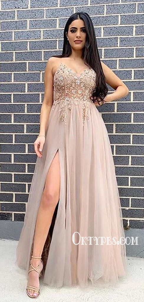 Elegant A-line Applique Split Sleeveless Tulle Long Prom Dresses, PDS0129