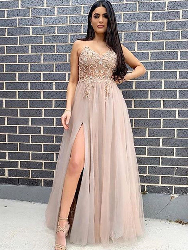 Elegant A-line Applique Split Sleeveless Tulle Long Prom Dresses, PDS0129