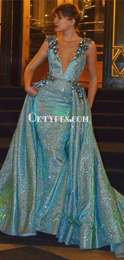 Bling Blue Sequin V-neck A-ine Tulle Long Prom Dresses, PDS0132