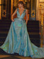 Bling Blue Sequin V-neck A-ine Tulle Long Prom Dresses, PDS0132