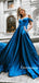 Dark Blue Off-shoulder A-ine Stain Long Prom Dresses, PDS0134