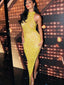 Elegant Yellow Sequins Halter Mermaid Cheap Long Prom Dresses, PDS0143