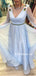 Charming Light Blue Applique V-neck Tulle A-line Long Prom Dresses, PDS0147