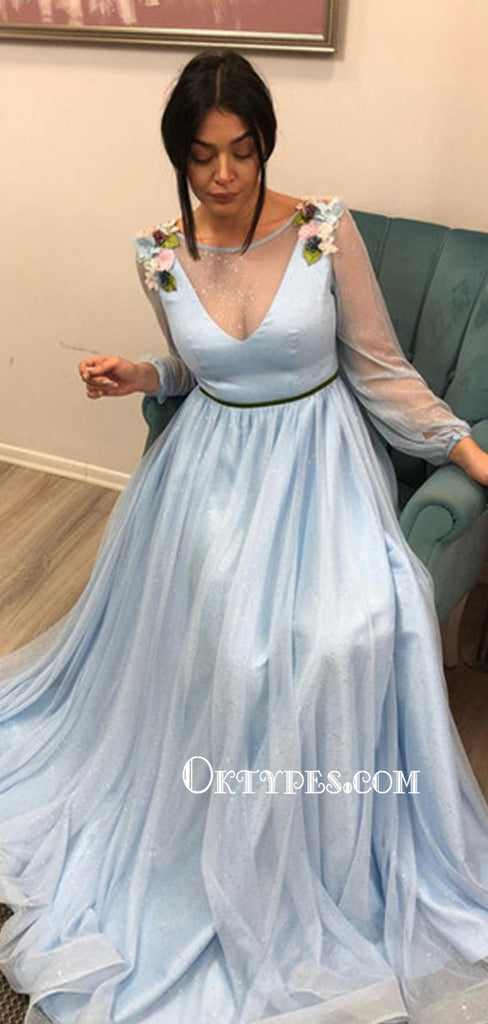 Charming Light Blue Applique V-neck Tulle A-line Long Prom Dresses, PDS0147