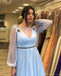 Charming Light Blue Applique V-neck Tulle A-line Long Prom Dresses, PDS0147