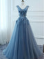 V Neck Dusty Blue Lace Beaded Long Evening Prom Dresses, Cheap Custom Party Prom Dresses, PDS0090