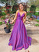 A-line V-neck Satin Long Simple Prom Dresses, Purple Bridesmaid Dresses Online, TYP1222