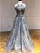 Elegant Halter Sleeveless Grey Organza Lace Appliqued A-line Long Cheap Backless Prom Dresses, PDS0081