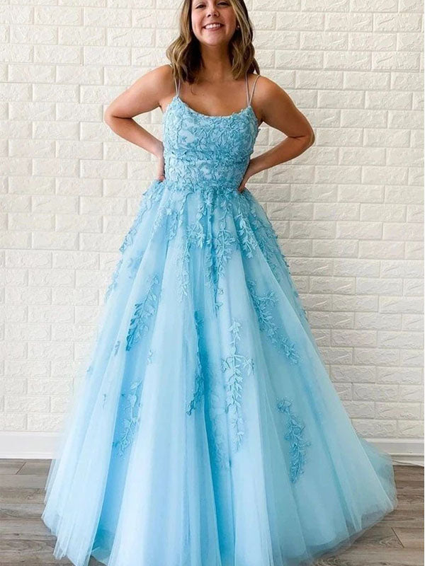 Sexy Blue Backless Spaghetti Straps Lace Evening Prom Dresses, Evening Party Prom Dresses, PDS0086