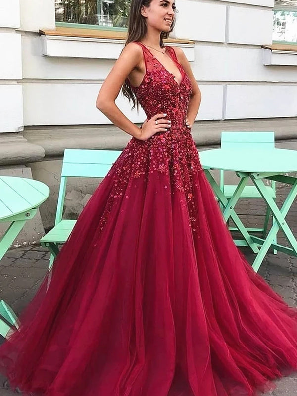 Dark Red V Neck A-line Tulle Long Evening Prom Dresses, Evening Party Prom Dresses, PDS0101