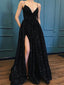 Sexy Side Slit Black Lace Long Evening Prom Dresses, Cheap Custom Party Prom Dresses, PDS0091