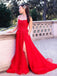 Charming Red Spaghetti Strap Lace Tulle Backless Side Slit A-line Long Cheap Prom Dresses, PDS0082