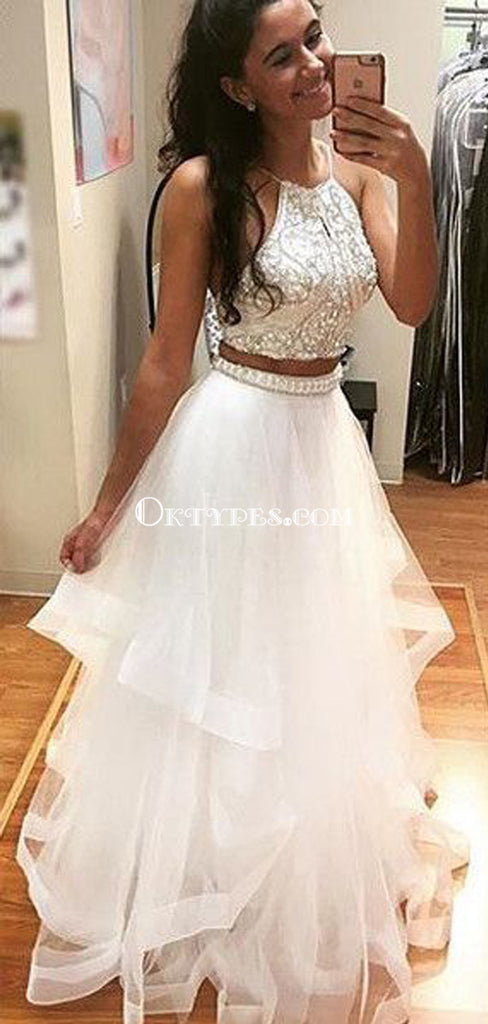 Two Piece Long A-Line Halter Sleeveless Beading Tulle Prom Dresses, TYP1127