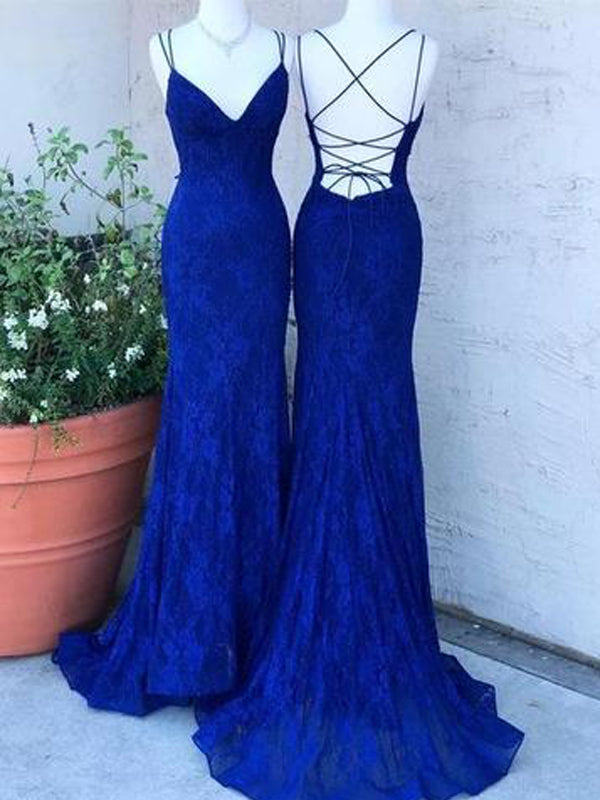 Royal Blue Lace Mermaid Long Evening Prom Dresses, Evening Party Prom Dresses, PDS0105