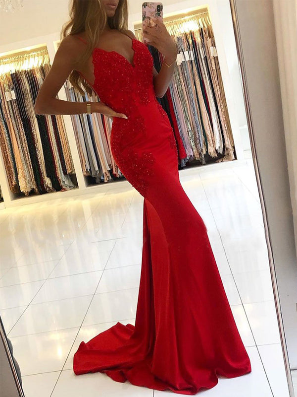 Sexy Backless Lace Beaded Mermaid Long Evening Prom Dresses, Evening Party Prom Dresses, PDS0093