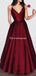 Red Long V-neck A-line Simple Princess Cheap Satin Prom Dresses, TYP1122