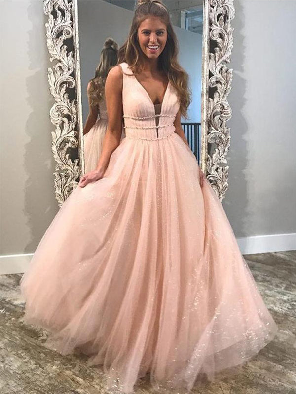 Blush Pink V Neck Straps A-line Sparkly Tulle Long Evening Prom Dresses, PDS0102