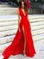 Sexy Side Slit Low V Neck A line Long Evening Prom Dresses, PDS0087