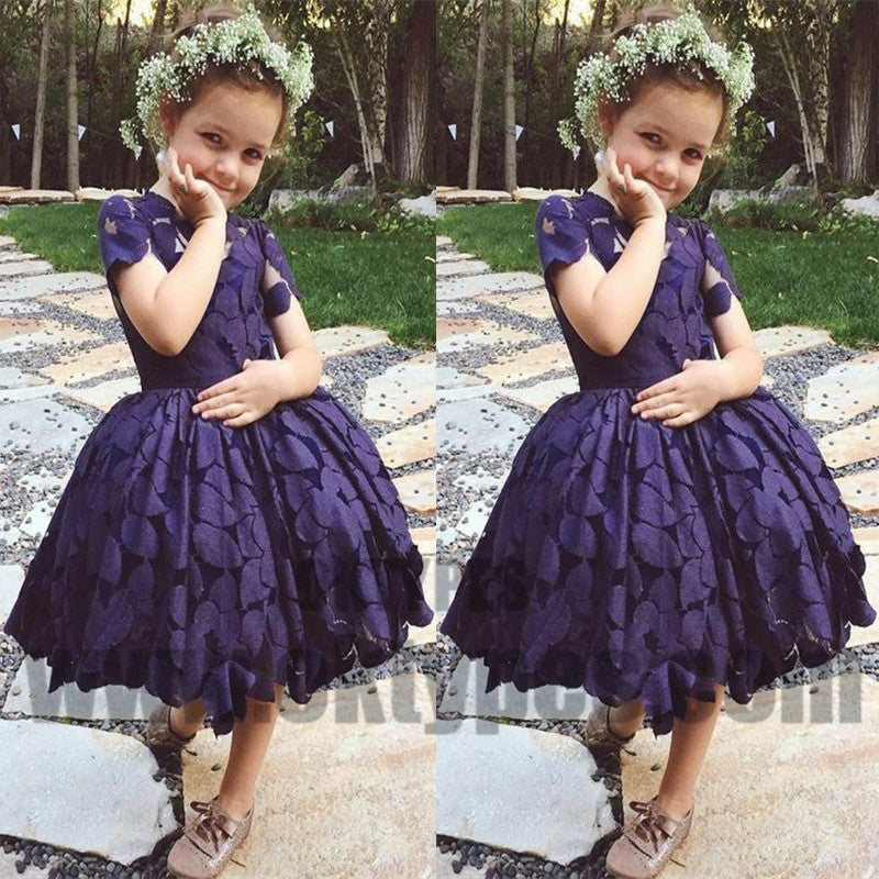 A-Line Round Neck Short Sleeves Flower Girl Dresses, Purple Flower Girl Dresses, TYP0720