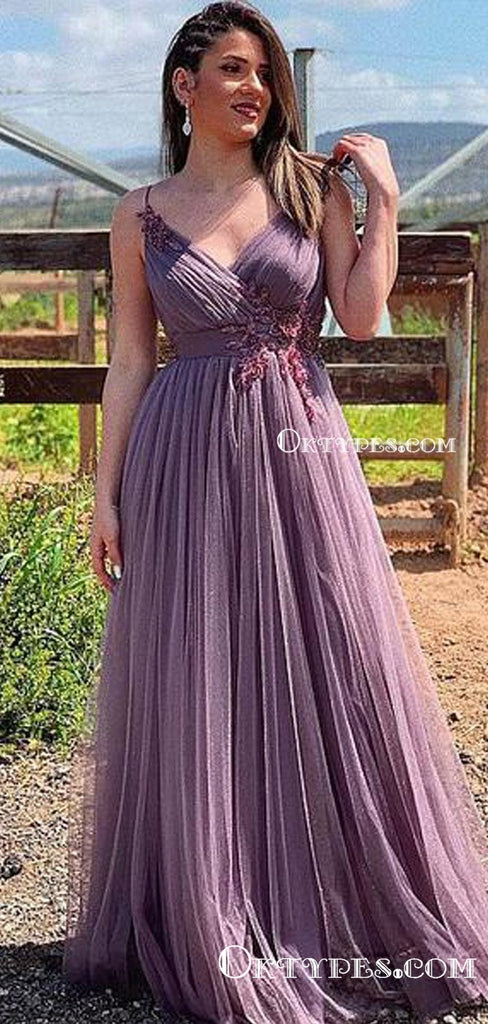 Charming V-neck Spaghetti Strap Lavender Tulle Lace Appliqued A-line Long Cheap Evening Prom Dresses, PDS0046